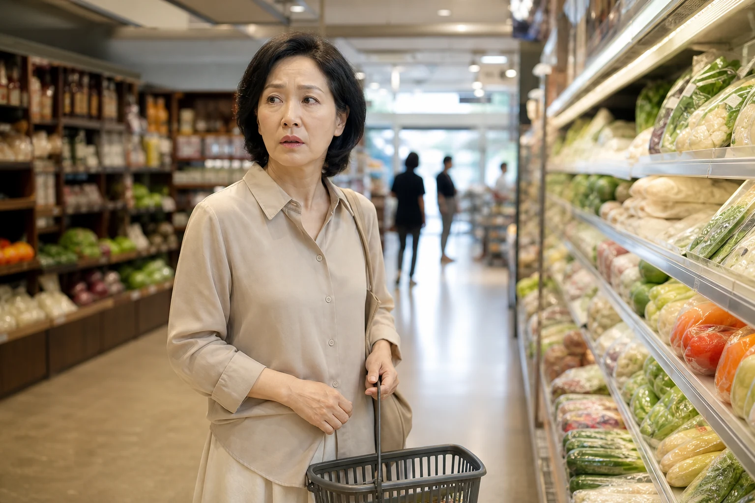 장을 보던 중 갑작스러운 요의 때문에 걸음을 멈추고 화장실을 찾는 절박성 요실금 환자의 일상