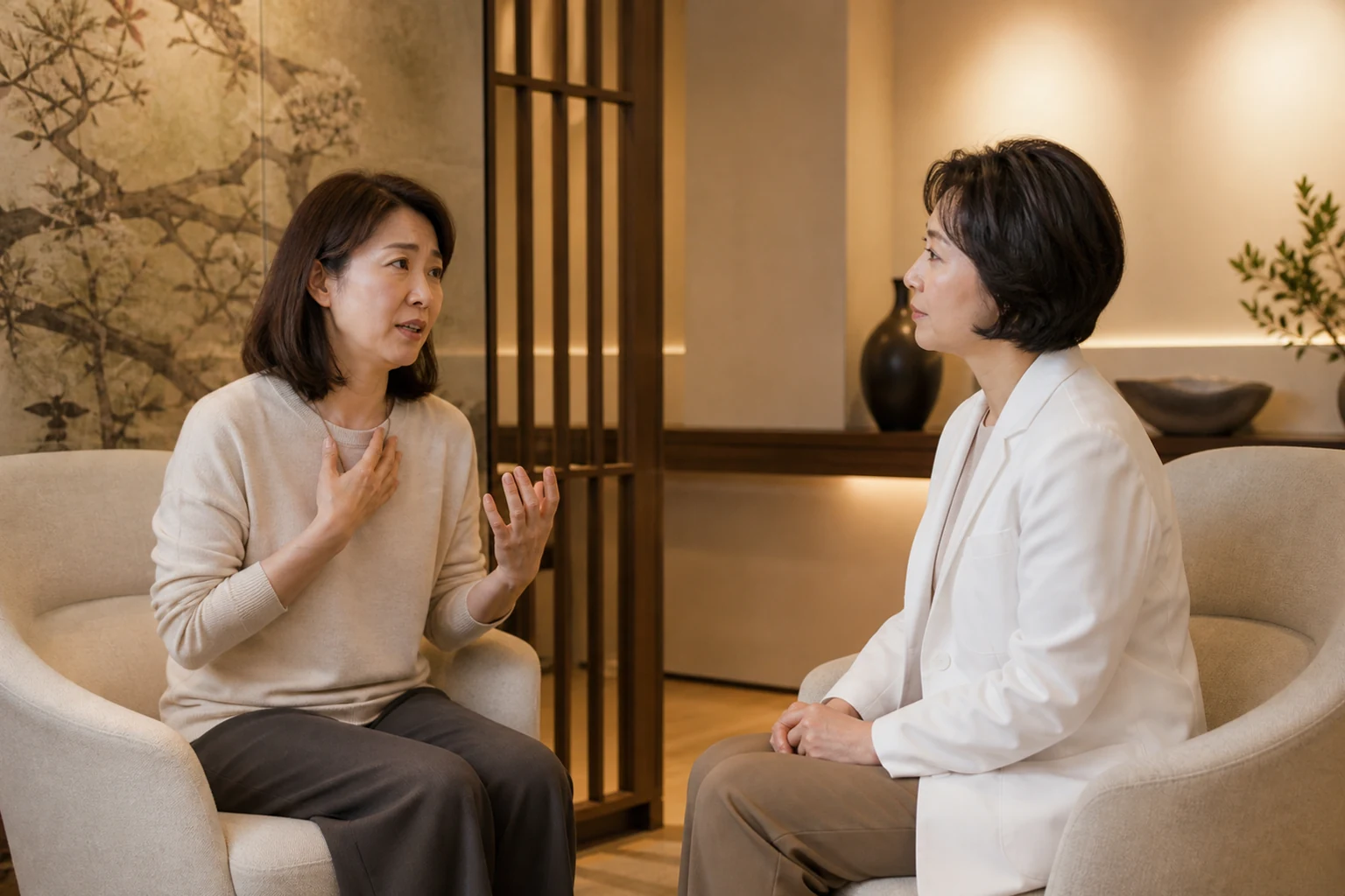 갑작스러운 요의와 누출로 달라진 외출과 수면을 의료진에게 설명하는 절박성 요실금 상담 장면