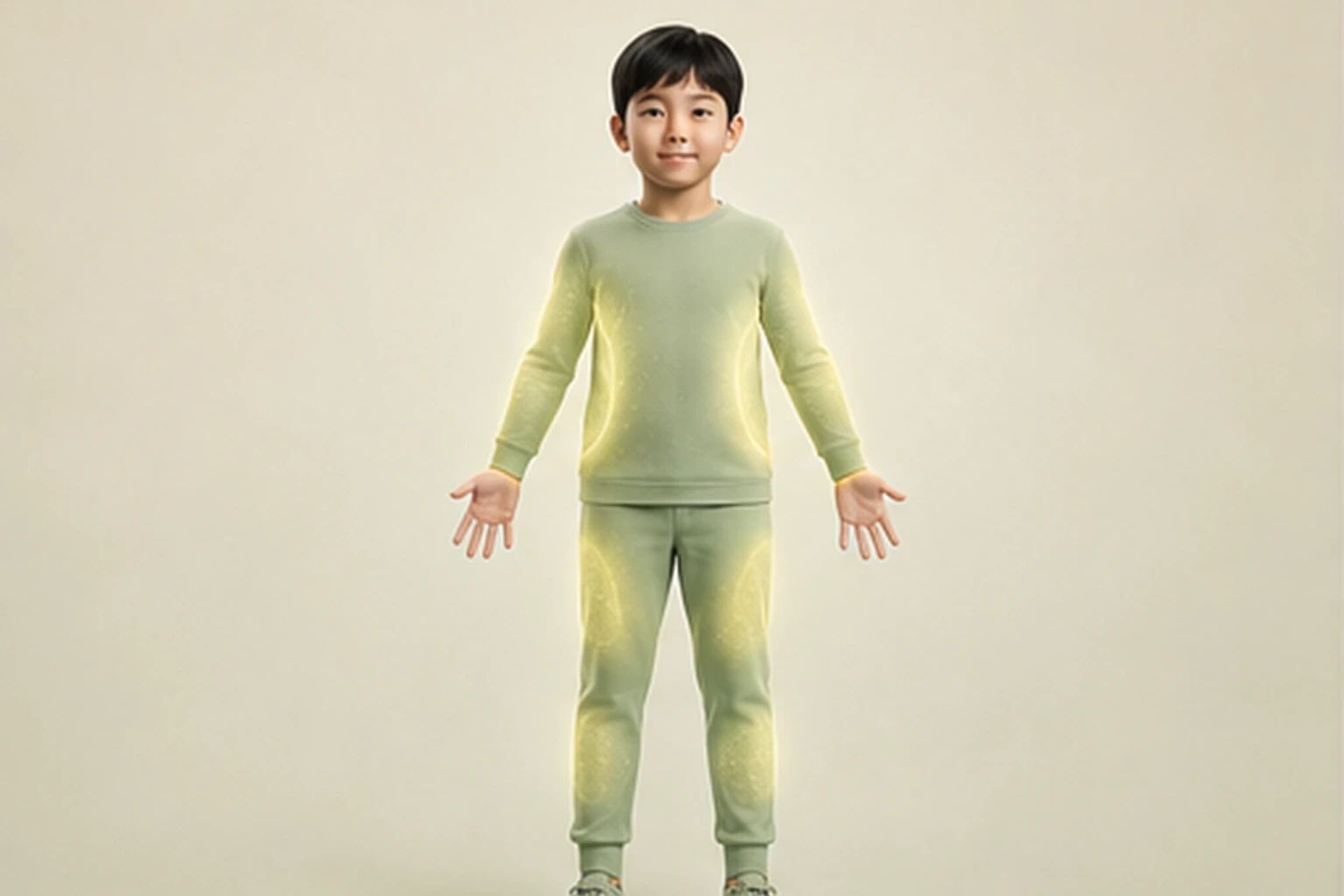 소아두드러기과 관련된 신체 부위를 머리부터 발끝까지 온전히 보이는 아이 위에 밝고 친근하게 보여 주는 소아 서양의학 교육 이미지