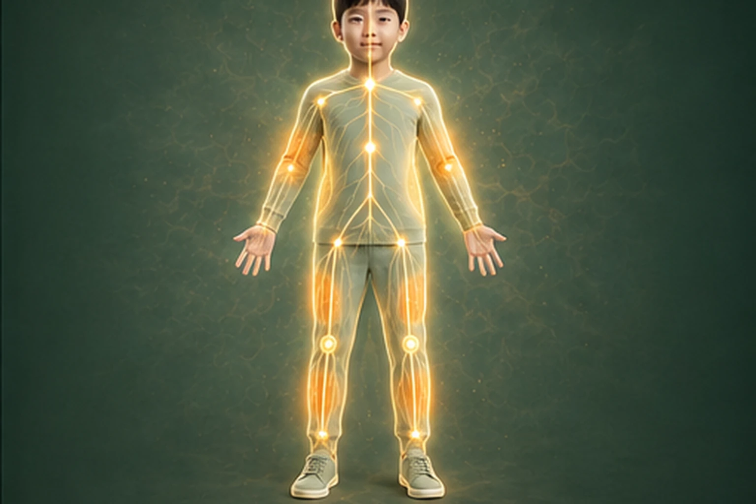 소아두드러기 아이의 머리부터 발끝까지 온전한 인체 형태에서 물질·열·신호·구조의 통합 흐름을 선명한 황금빛으로 보여 주는 담적병 골든셋 교육 이미지