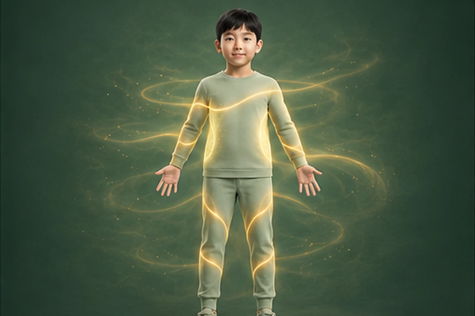 소아두드러기 아이의 머리부터 발끝까지 온전한 인체 형태에서 물질의 흐름을 선명한 황금빛으로 보여 주는 담적병 골든셋 교육 이미지