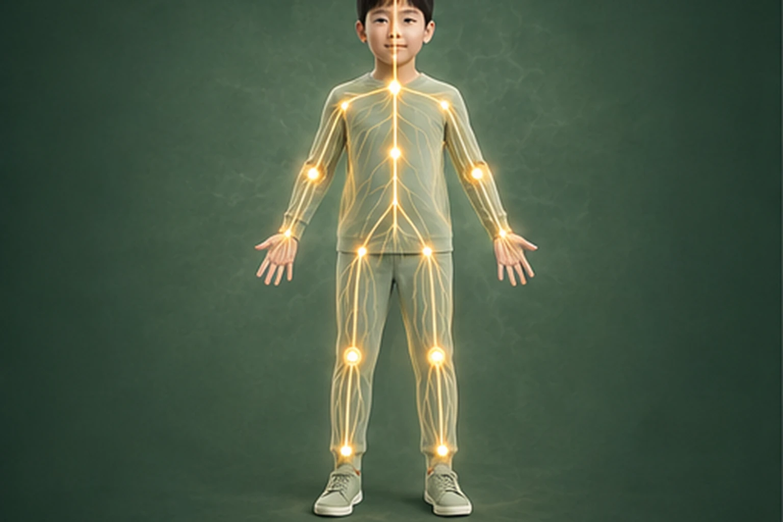 소아두드러기 아이의 머리부터 발끝까지 온전한 인체 형태에서 신호의 흐름을 선명한 황금빛으로 보여 주는 담적병 골든셋 교육 이미지