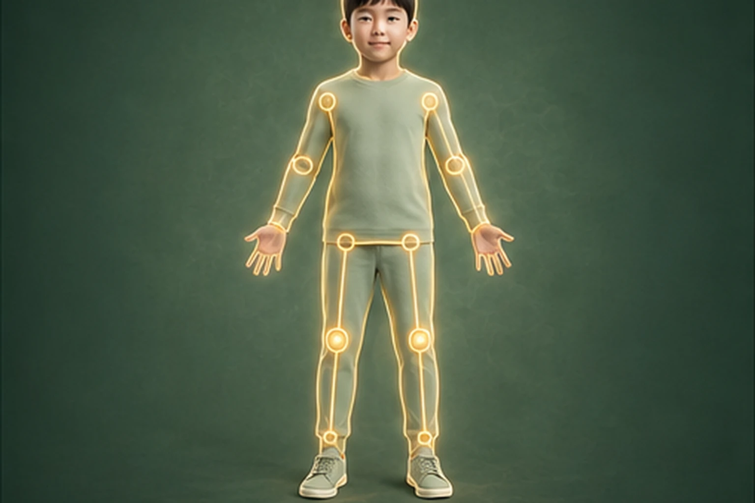 소아두드러기 아이의 머리부터 발끝까지 온전한 인체 형태에서 구조의 흐름을 선명한 황금빛으로 보여 주는 담적병 골든셋 교육 이미지