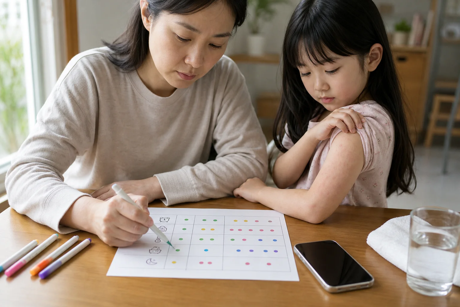 한국인 보호자가 아이의 두드러기 발생 시간과 음식 온도 변화를 생활 기록으로 적는 장면