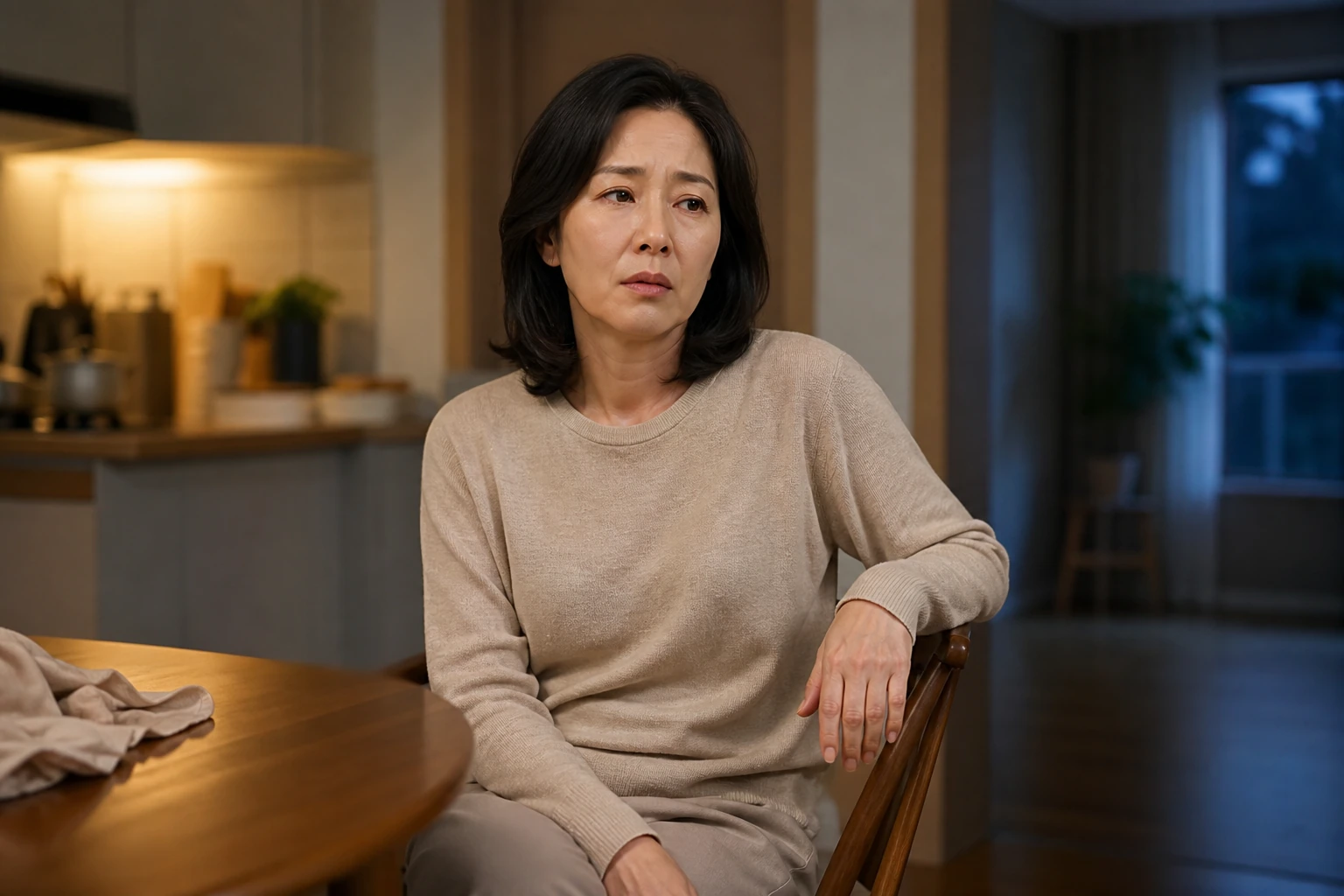 과다월경과 깊은 생리통으로 저녁 집안일을 멈추고 쉬는 한국인 여성