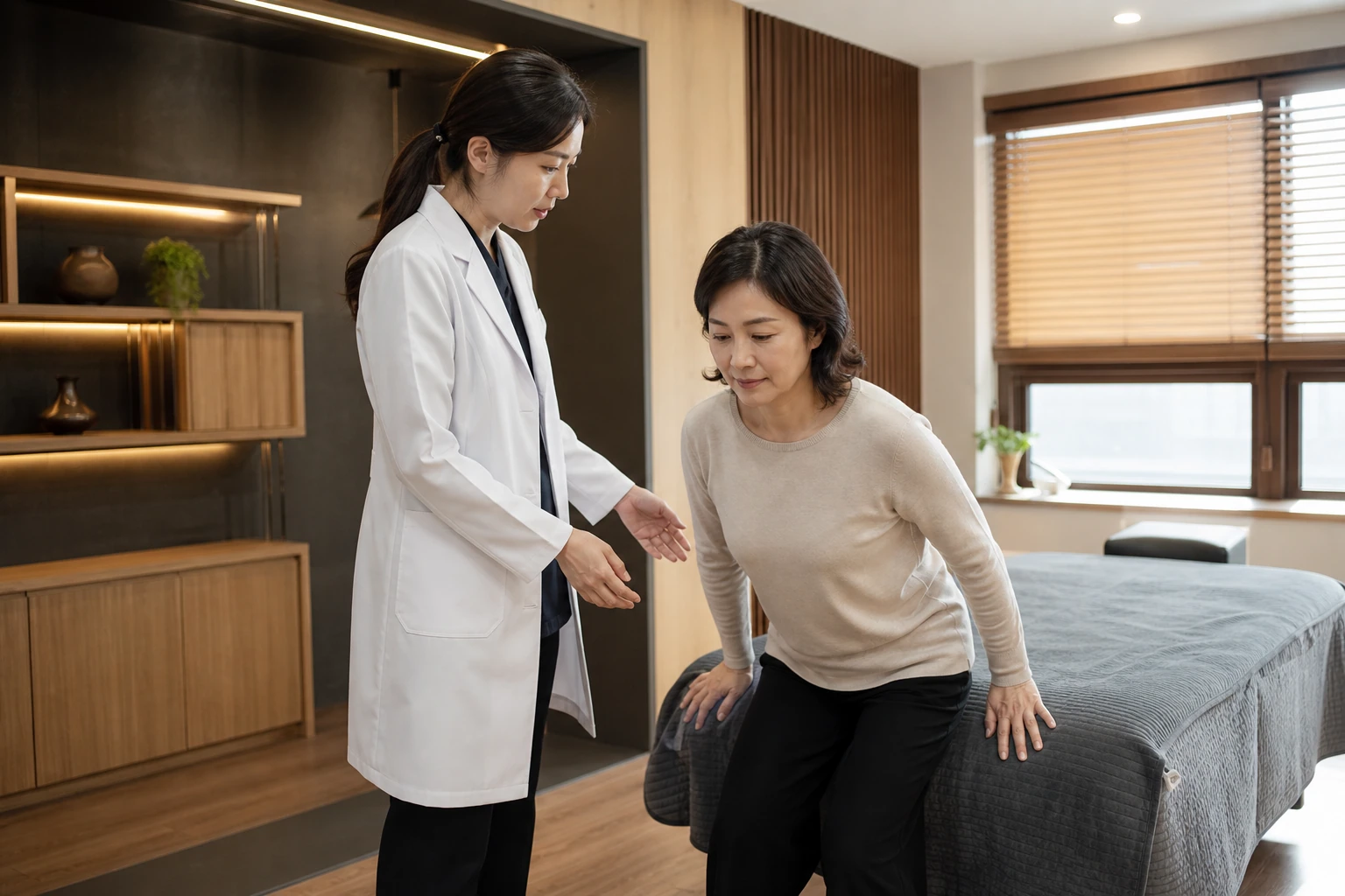 만성골반통 환자가 한의원 치료실에서 의자에서 일어나는 움직임을 한의사와 확인하는 장면