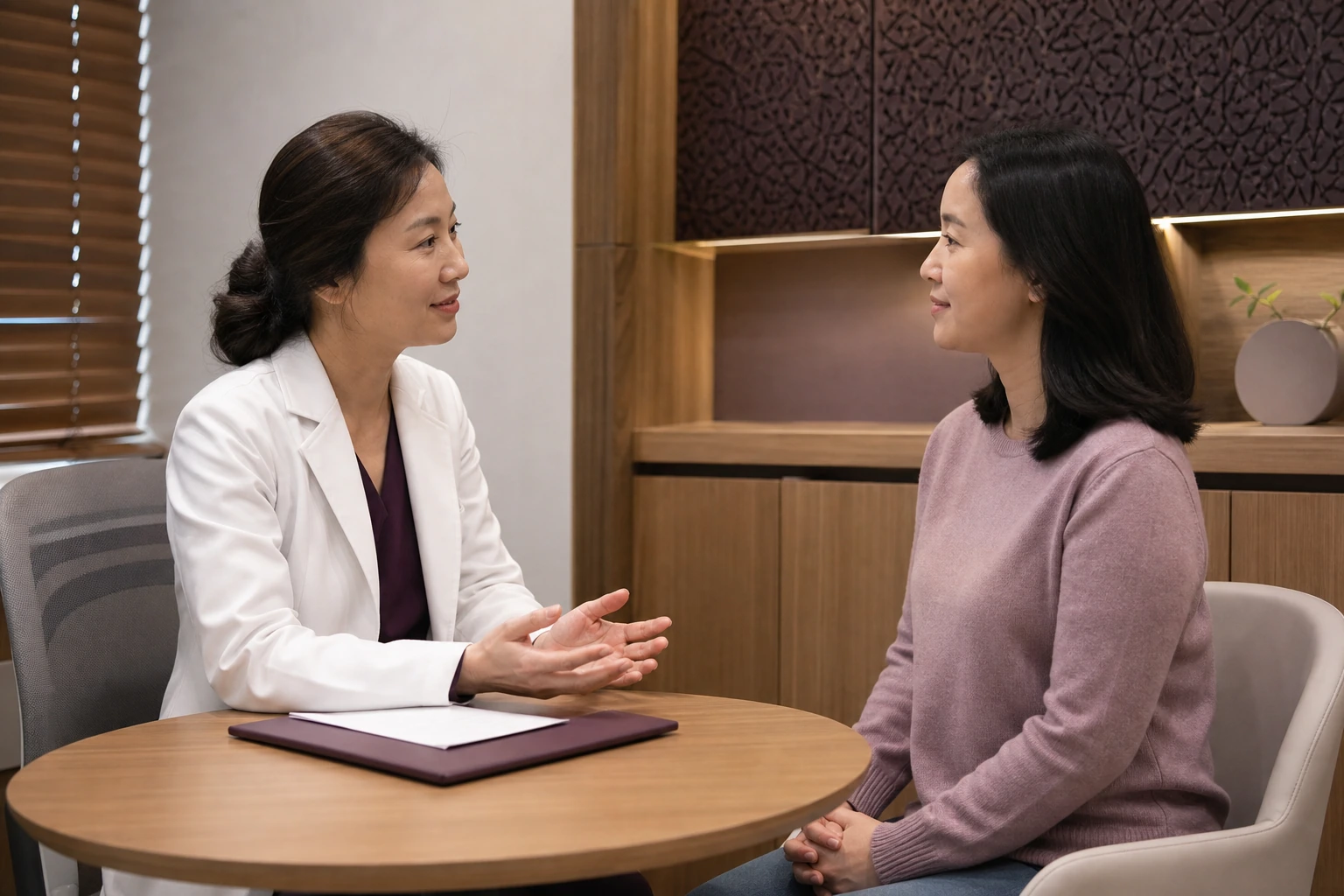 성교통 환자가 한의원 상담실에서 한의사와 사생활을 배려받으며 불편을 상담하는 장면
