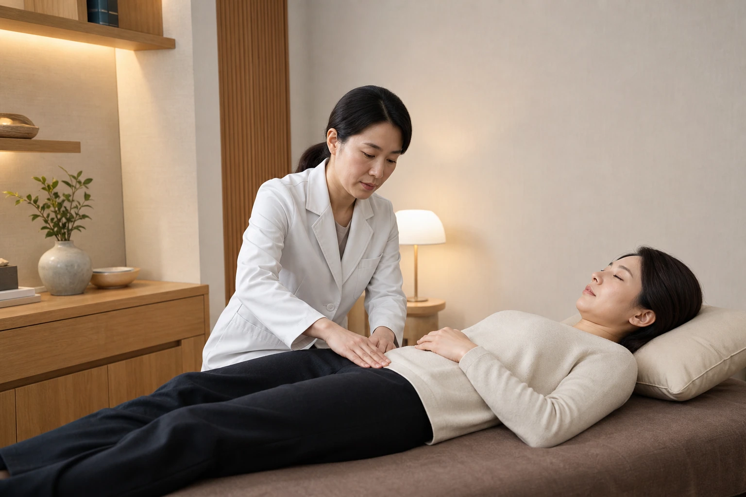 자궁내막증 환자가 한의원 치료실에서 한의사의 복부 진찰을 받는 장면