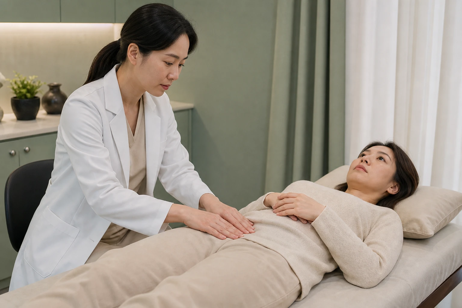 골반염 회복 중인 환자가 한의원 치료실에서 한의사의 복부 진찰을 받는 장면