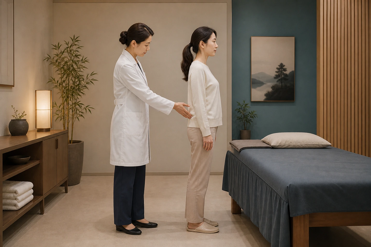 자궁 수술 후 회복 중인 환자가 한의원 치료실에서 한의사와 서서 몸의 움직임을 확인하는 장면