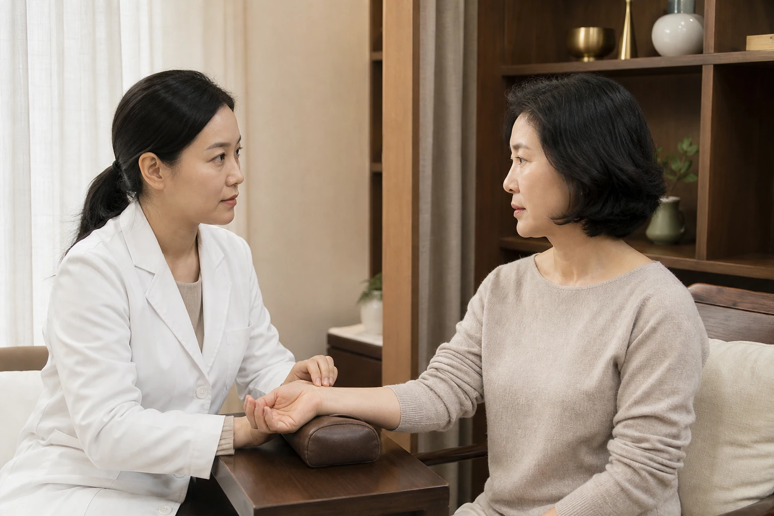 질건조증 환자가 한의원 진료실에서 한의사에게 손목 진찰과 생활 상담을 받는 장면