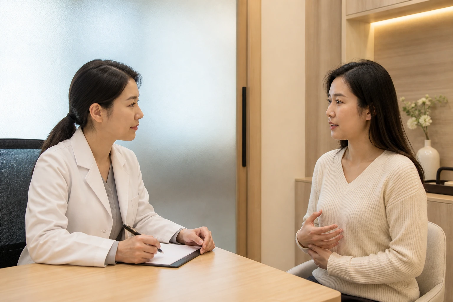 질염 환자가 한의원 상담실에서 한의사에게 반복되는 불편과 생활 변화를 말하는 장면