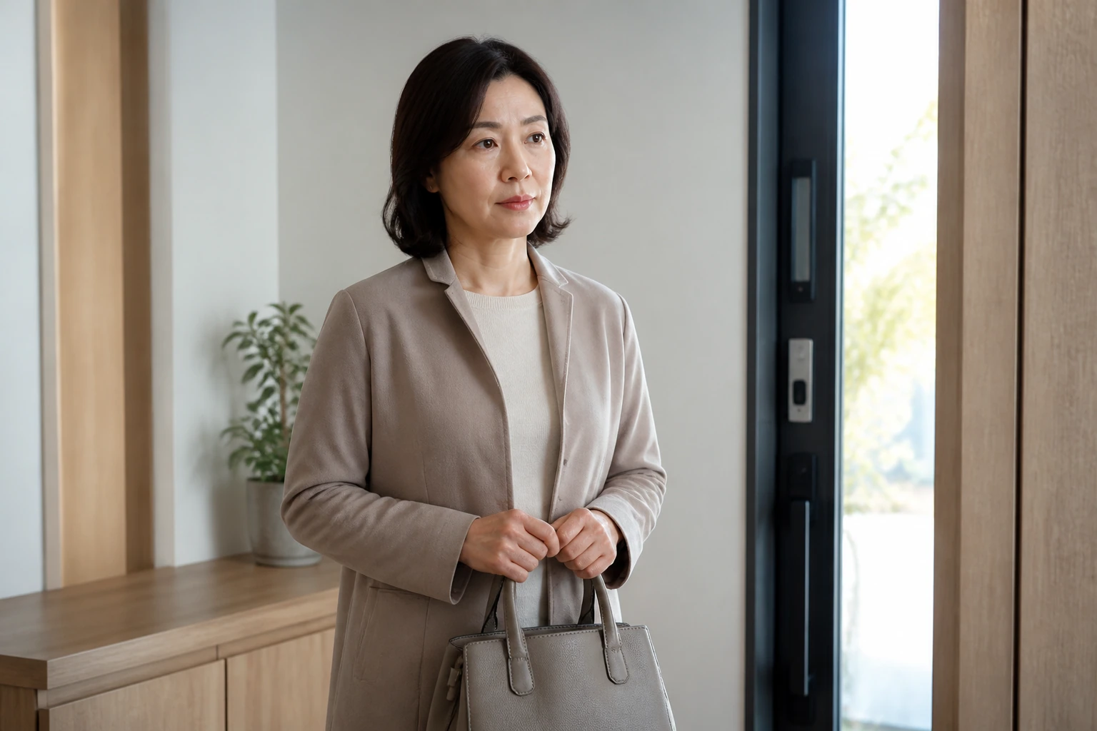 불규칙하고 많은 출혈과 피로로 외출 전 현관에서 잠시 망설이는 한국인 여성