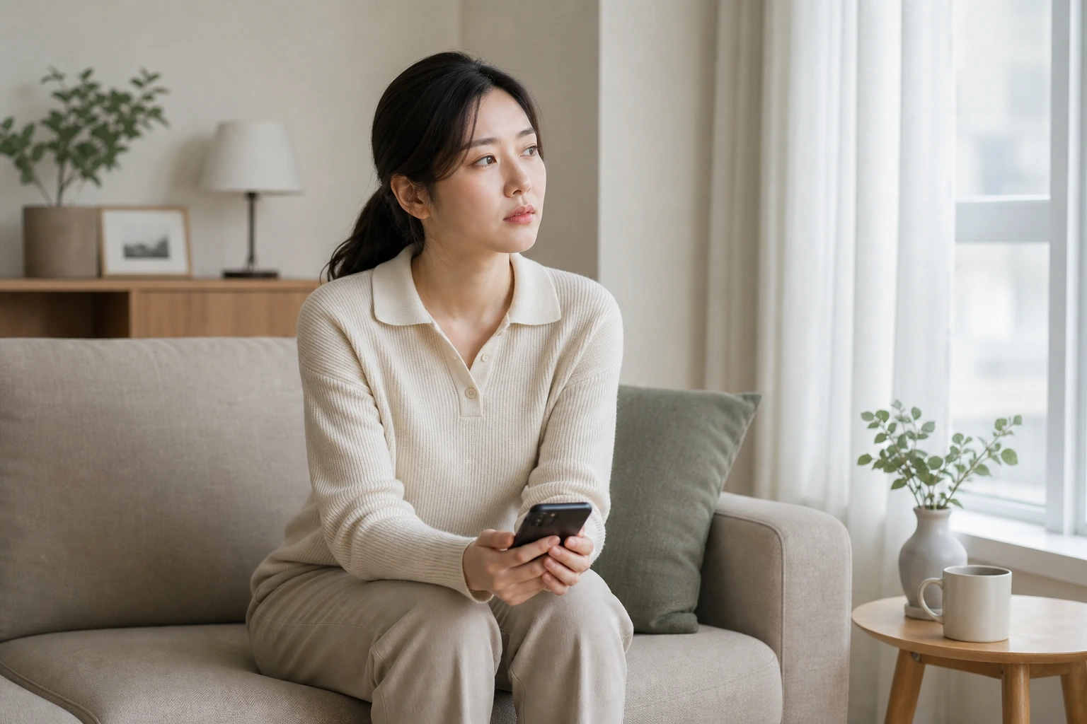 월경량이 예상보다 적고 기간이 짧아져 임신 준비와 몸 상태를 걱정하며 집에서 생각에 잠긴 한국인 여성