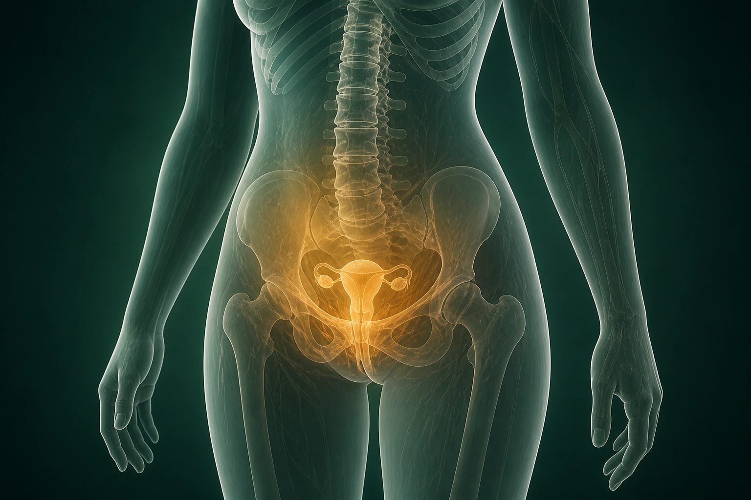 하부 흉곽·허리·골반을 함께 두고 하복부의 절제된 온기 분포를 보여 주는 월경과소 열 흐름 의료 이미지