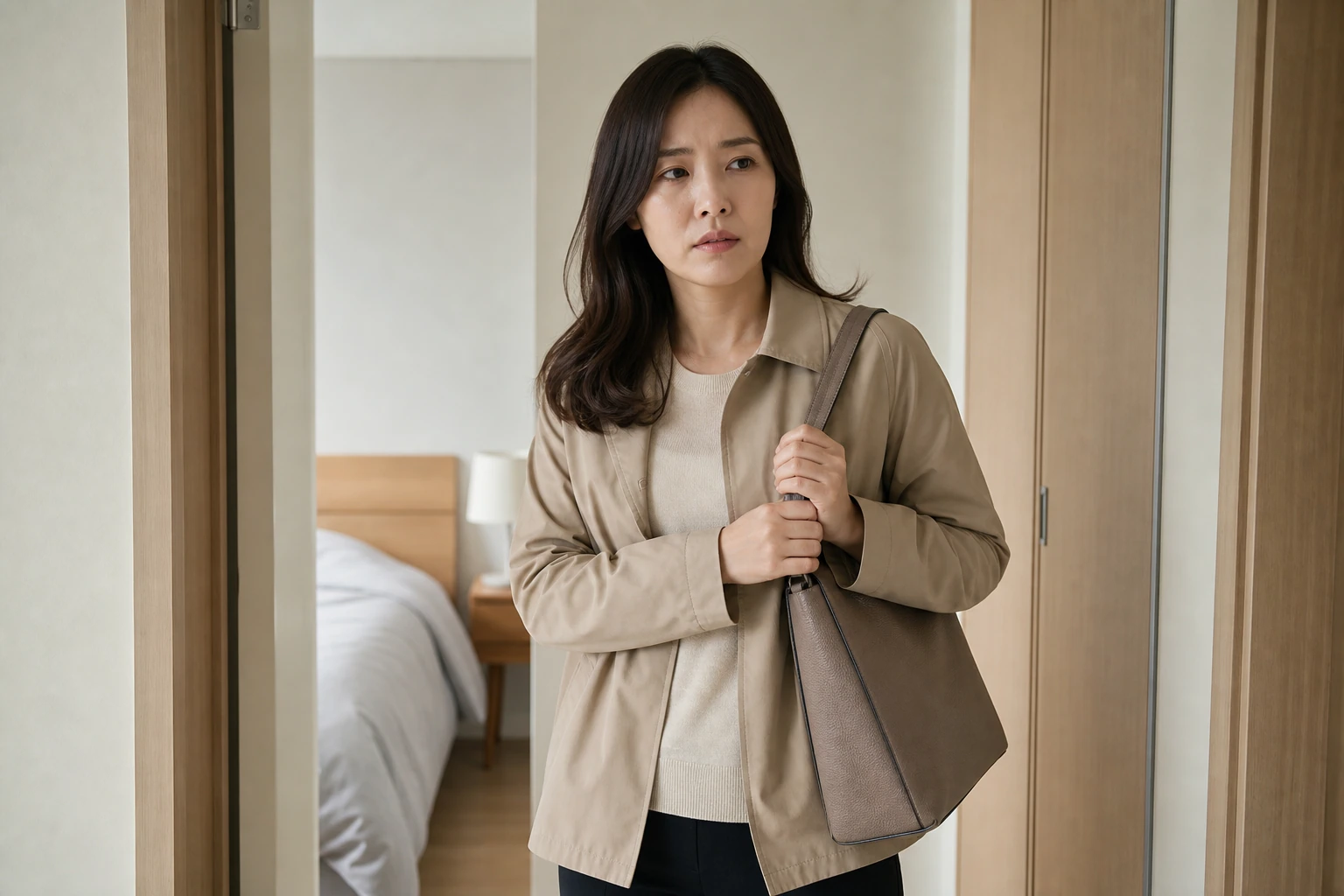 예상하지 못한 출혈로 외출 준비를 망설이며 침실에 선 한국인 여성
