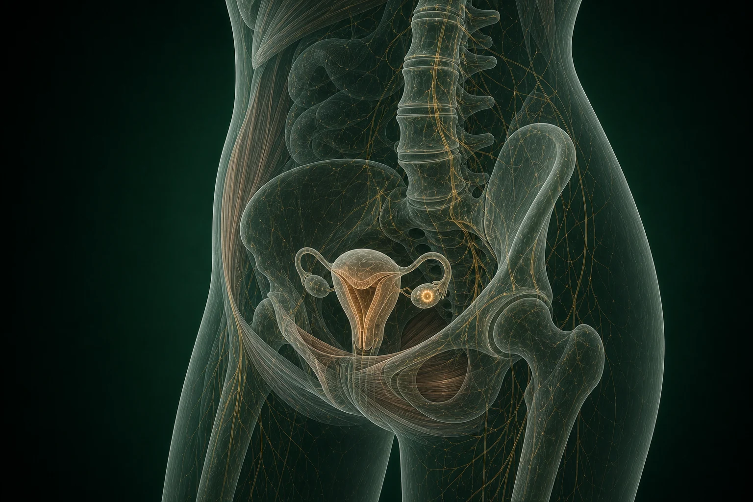 배란 뒤 황체와 자궁내막층을 허리·골반뼈·골반저가 지지하는 넓은 구조 맥락에 담아 고립 장기나 부유 콜라주 없이 표현한 담적병 스타일 의료 일러스트