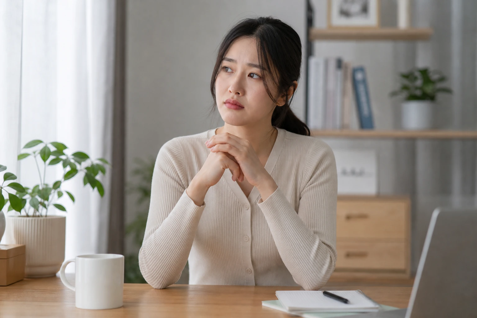 불규칙한 생리 주기와 호르몬 변화를 걱정하며 집에서 생각에 잠긴 한국인 여성