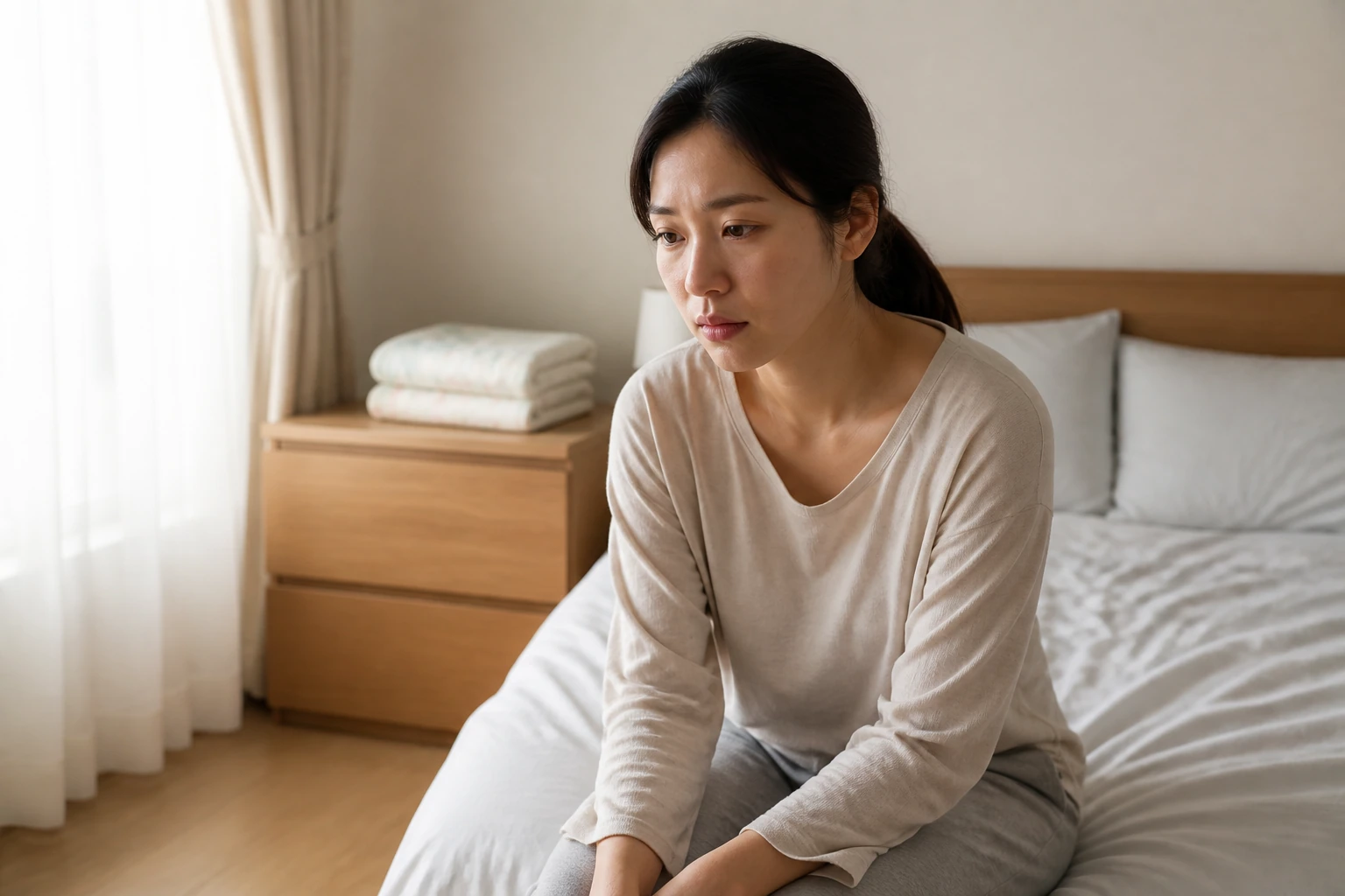 출산 후 회복과 피로를 걱정하며 침대 곁에서 잠시 쉬는 한국인 산모