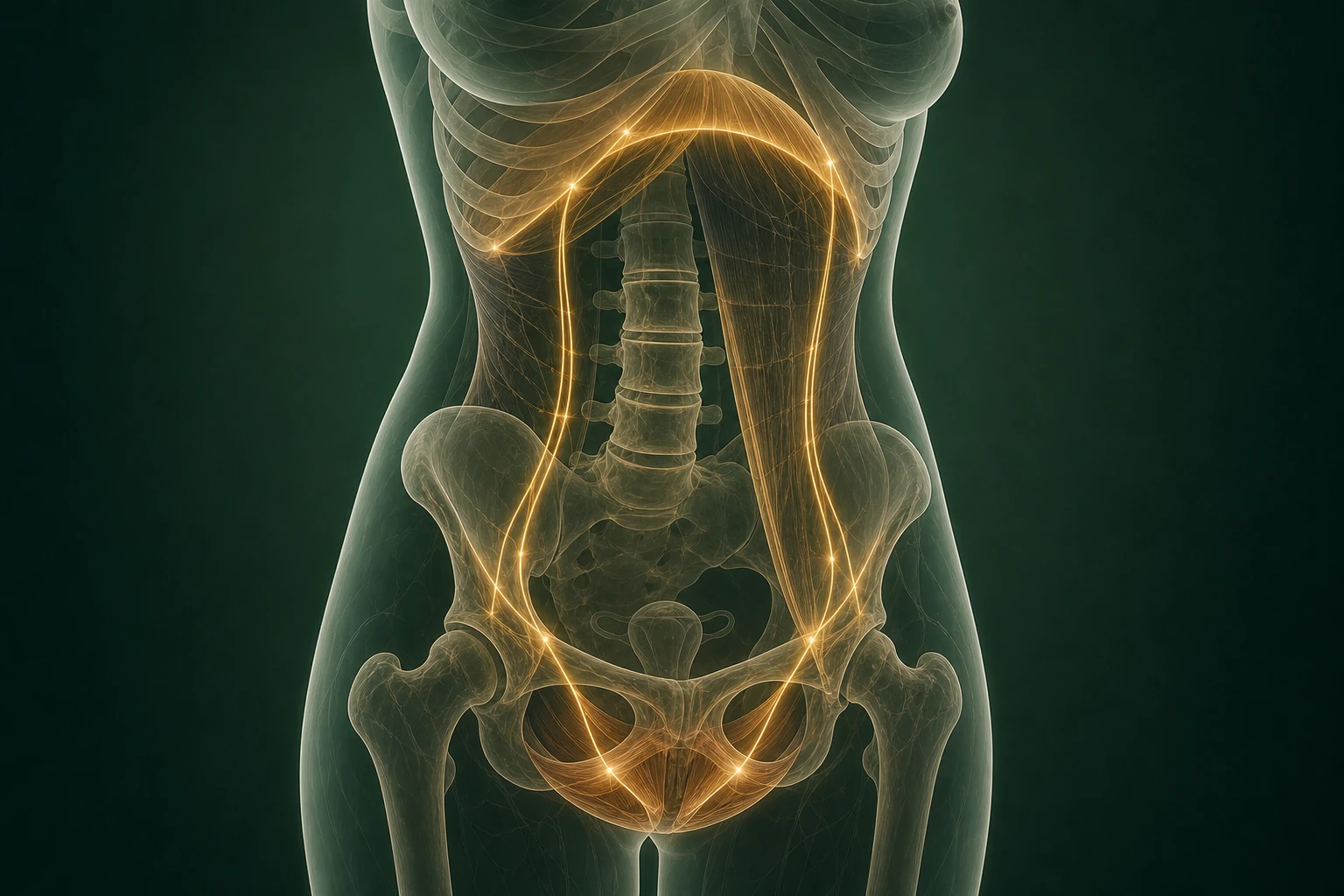 횡격막·복벽·요추·천골·골반링·고관절·골반저가 한 하부 몸통에서 이어지는 산후조리 구조 흐름 의료 이미지