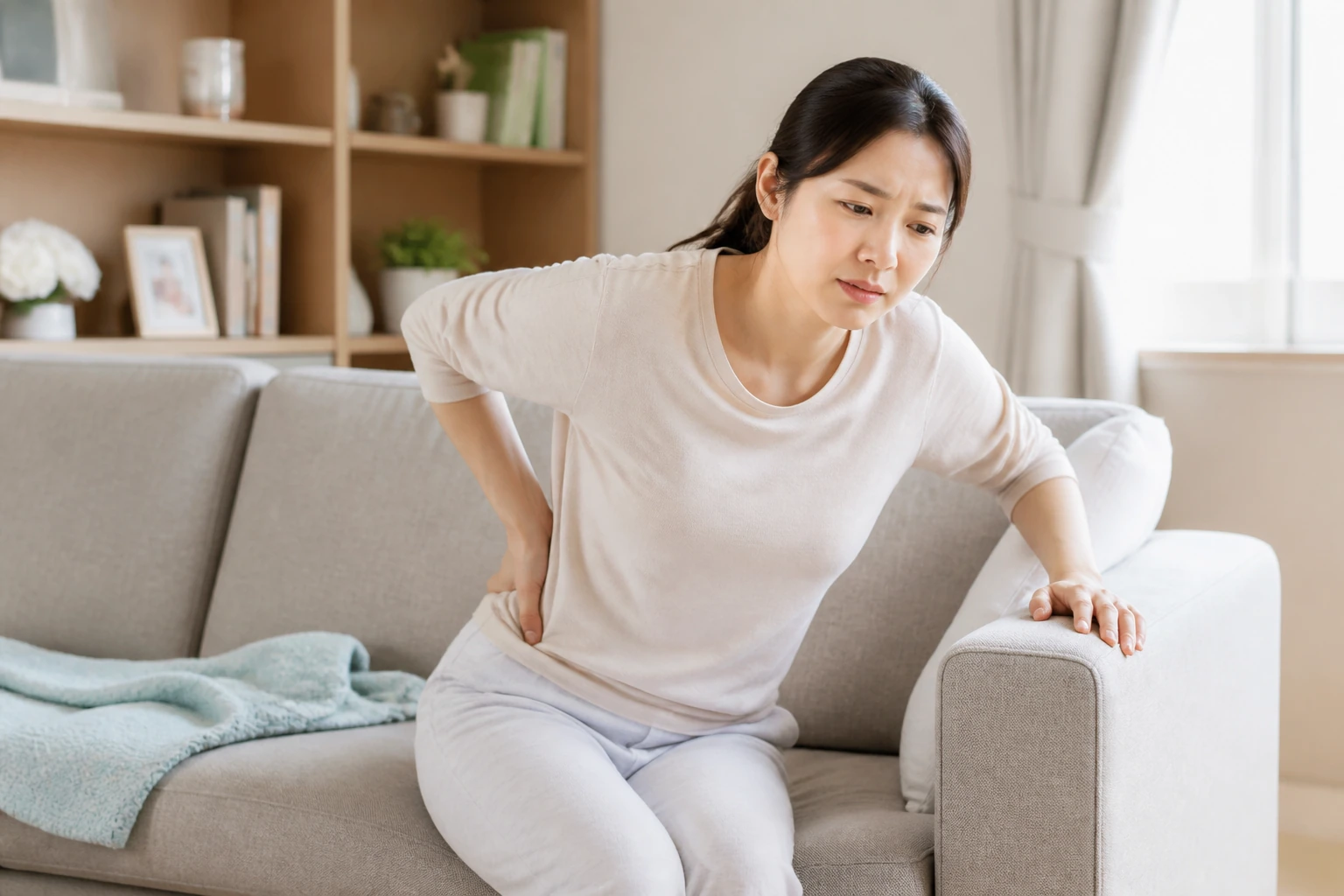 산후 골반 불편 때문에 집안일을 멈추고 소파에서 자세를 고쳐 앉는 한국인 산모