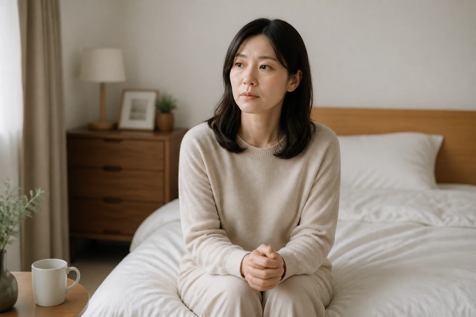 유산 후 다음 임신을 앞두고 침실에서 조용히 생각에 잠긴 한국인 여성