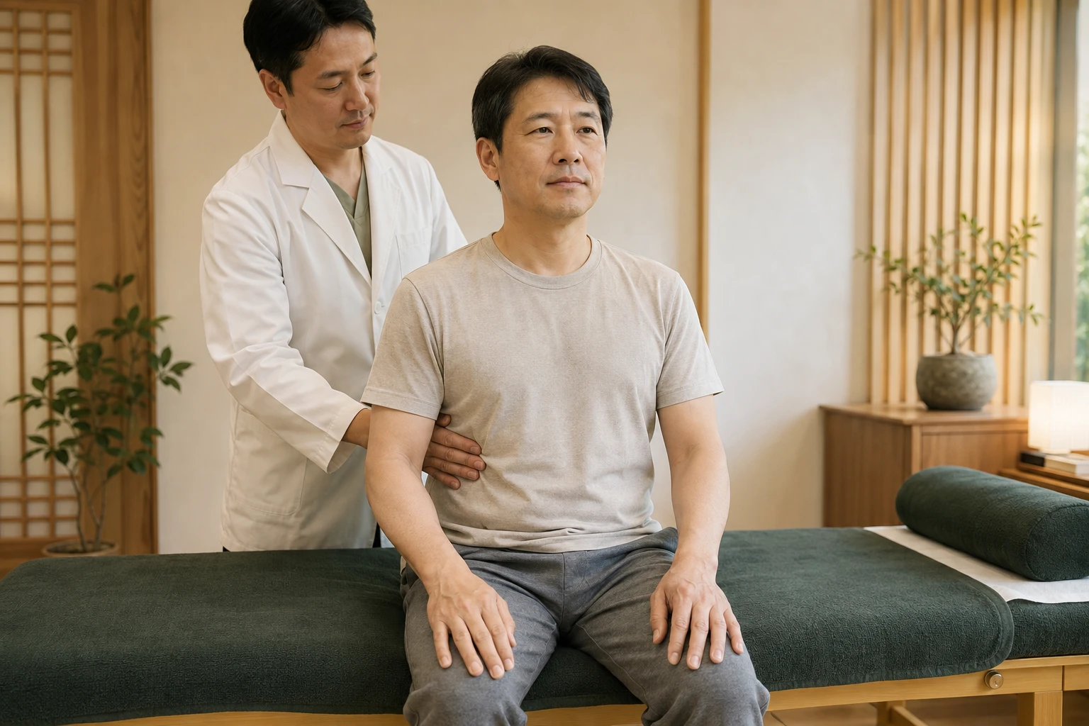 갈비뼈 골절 회복기 한국인 환자가 양팔과 팔꿈치를 자연스럽게 둔 채 한의사에게 옆 흉곽 호흡 움직임을 진찰받는 장면