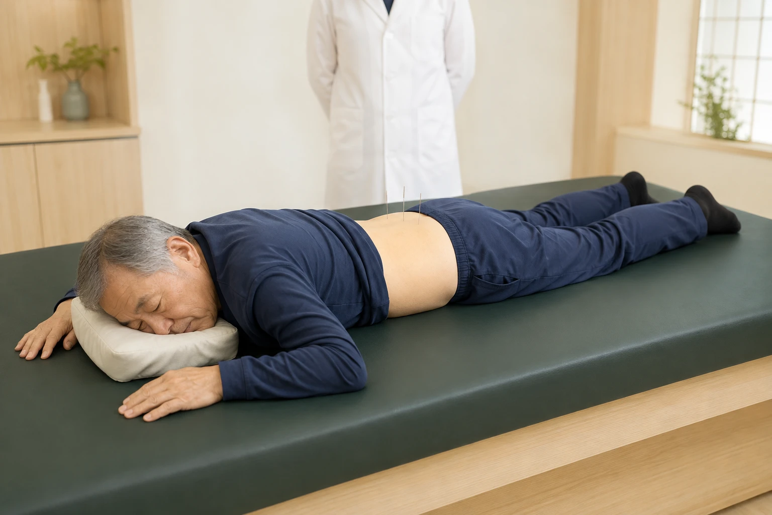 척추관협착증 환자가 넓은 치료대 중앙에 안전하게 엎드리고 양손을 자연스럽게 둔 상태에서 허리 침치료를 받는 장면
