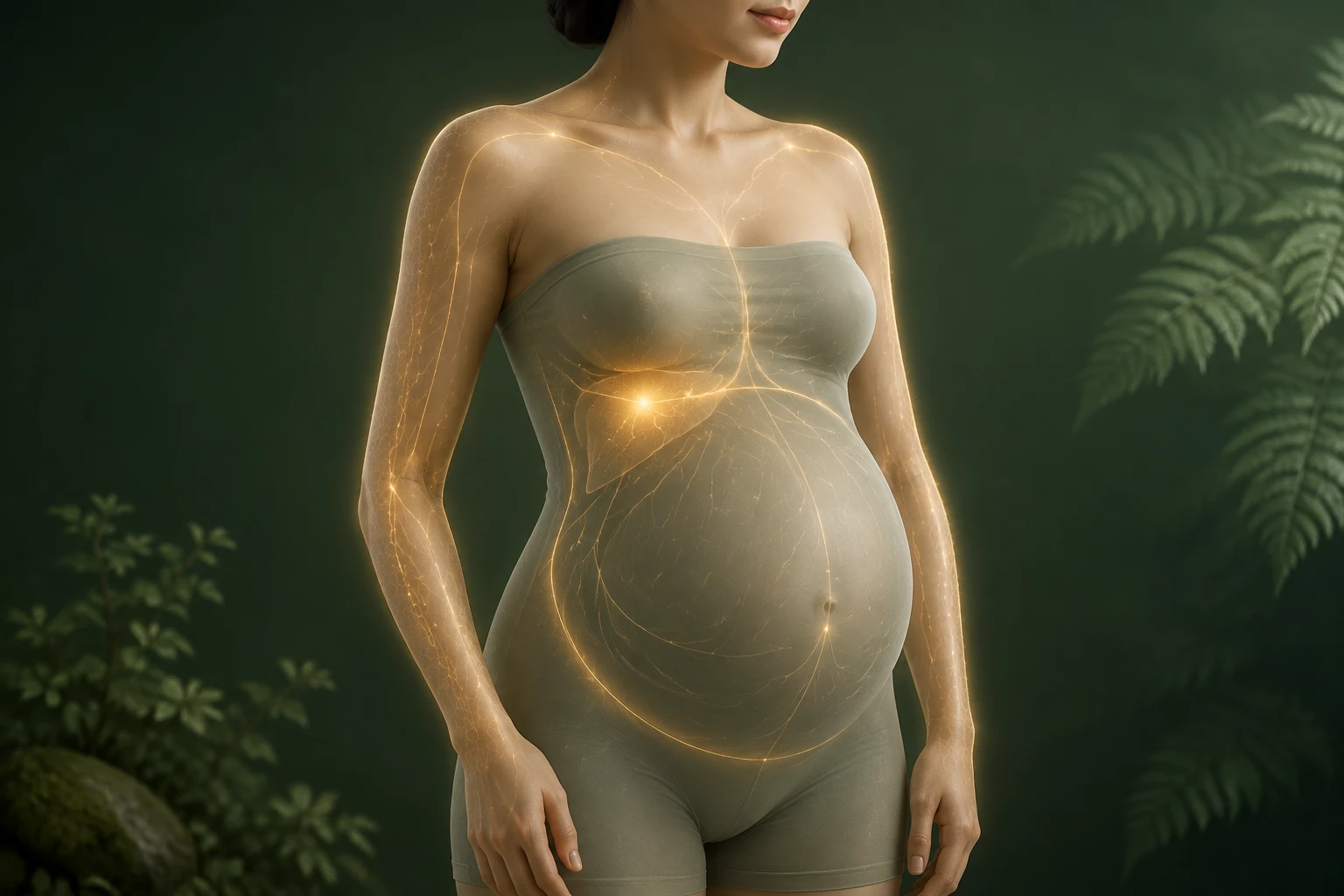 임신부의 오른쪽 상복부에서 피부 장벽과 팔다리로 이어지는 절제된 금빛 회복 흐름 이미지