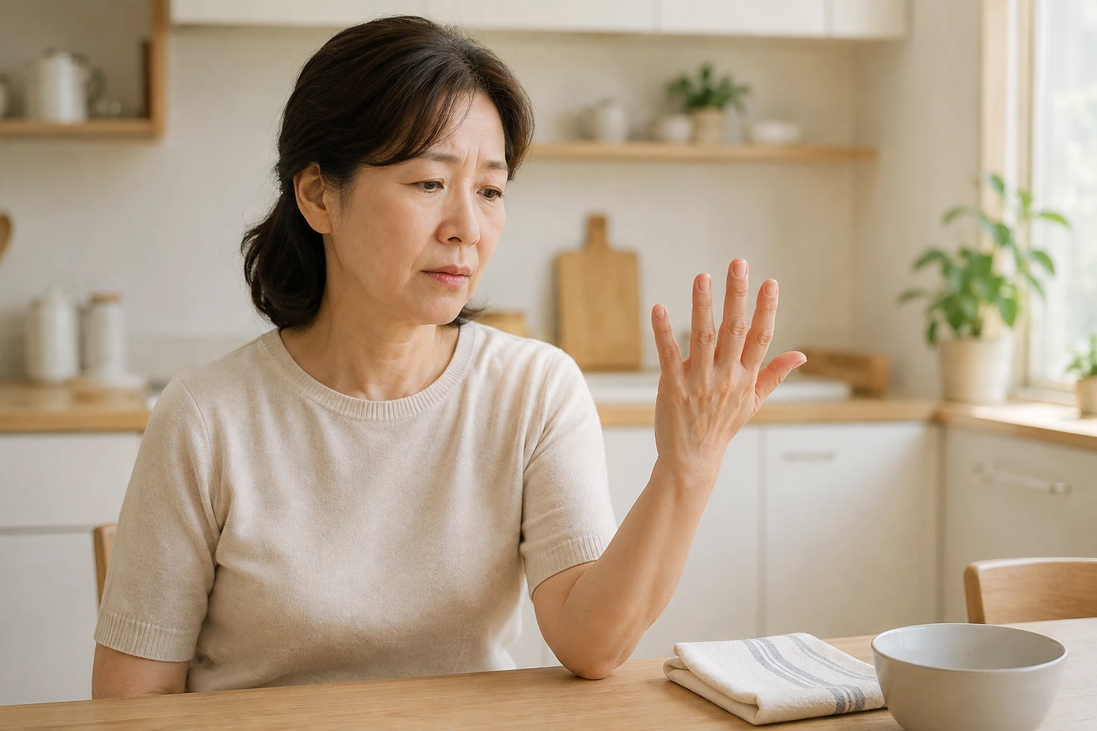 주방 일을 잠시 멈추고 다섯 손가락이 온전히 보이는 한 손의 뻣뻣함을 살피는 한국인 여성