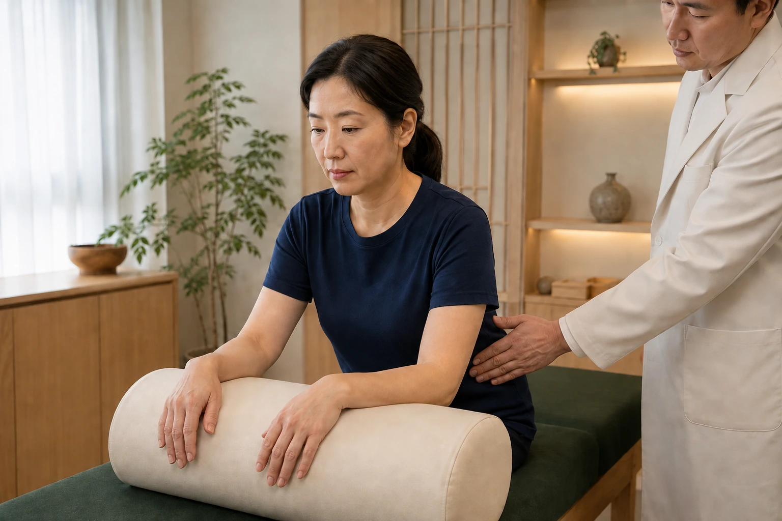 늑간근통증 한국인 환자가 양팔과 양손을 온전히 받침에 둔 채 자연스러운 피부색의 한의사에게 옆 흉곽 움직임을 진찰받는 장면