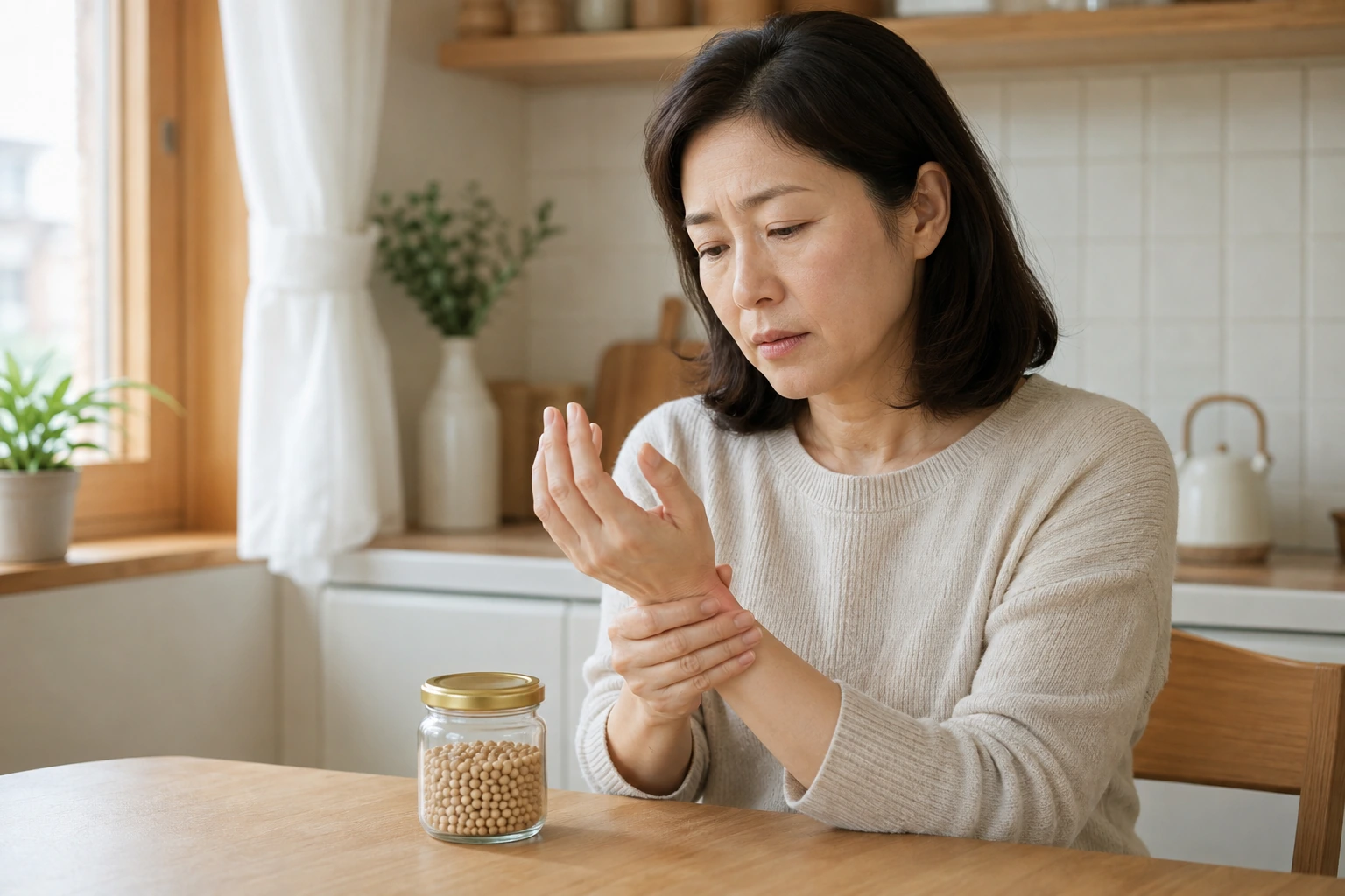 병뚜껑을 열다 손목 불편을 느껴 일상 동작을 멈추고 두 손을 자연스럽게 둔 채 손목을 살피는 한국인 여성