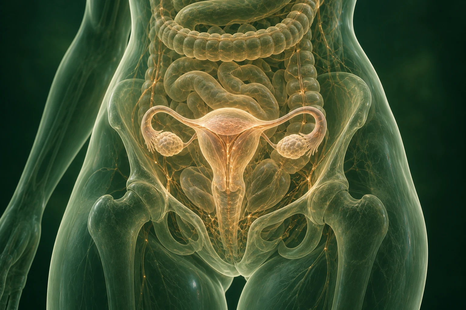 반투명 하복부 안의 자궁·난소와 주변 장, 골반을 함께 보여주는 해부 개념 그림