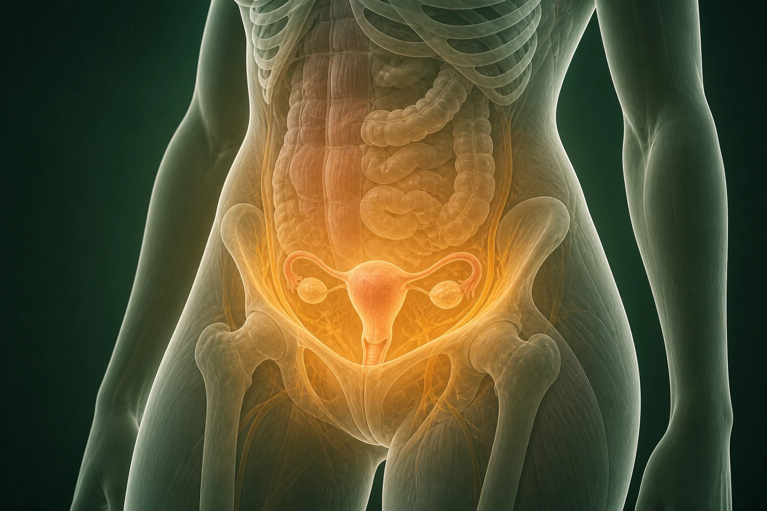 자궁과 골반 주변의 구조를 보이면서 하복부의 온기를 황금빛으로 표현한 개념 이미지