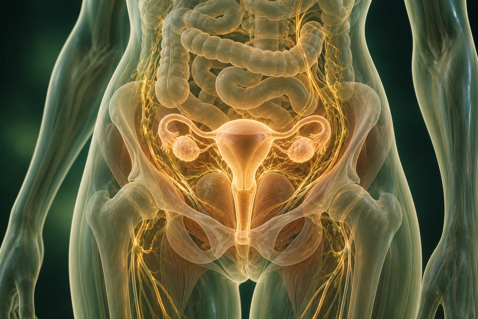 반투명 하복부 안 자궁·난관·난소와 소화기관 주변의 혈관·림프 경로를 금빛으로 나타낸 개념 이미지