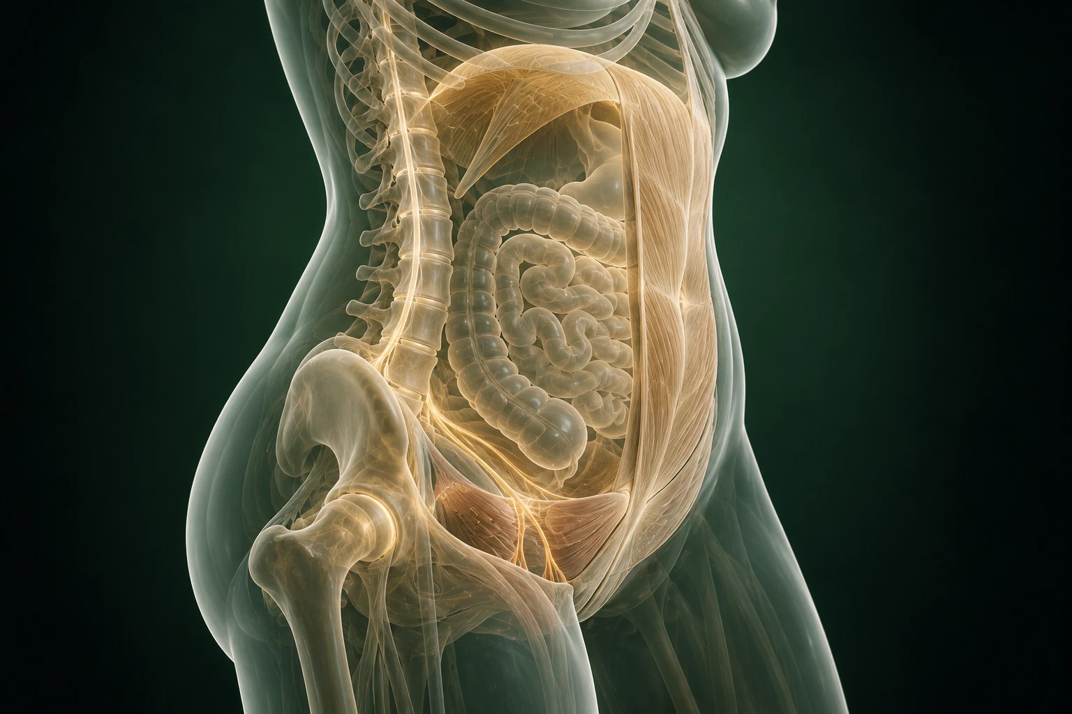 횡격막·복벽·요추·고관절·골반저의 입체적인 연결을 보여 주는 개념 이미지