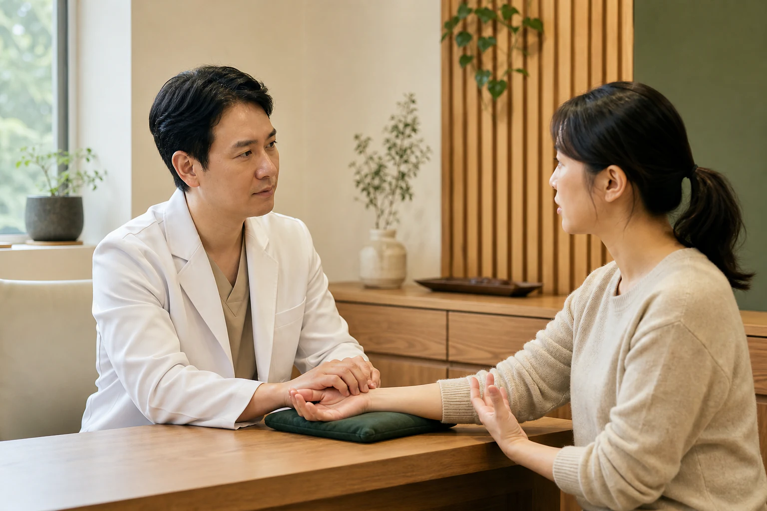 한의원 진료실에서 접종 뒤 남은 피로·통증·어지럼을 상담하며 맥진하는 한의사와 환자