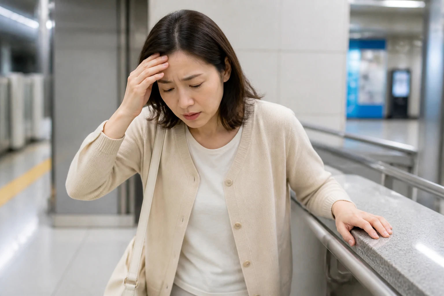 대중교통 통로에서 어지럼 전조로 난간을 잡고 멈춘 미주신경성 실신 환자