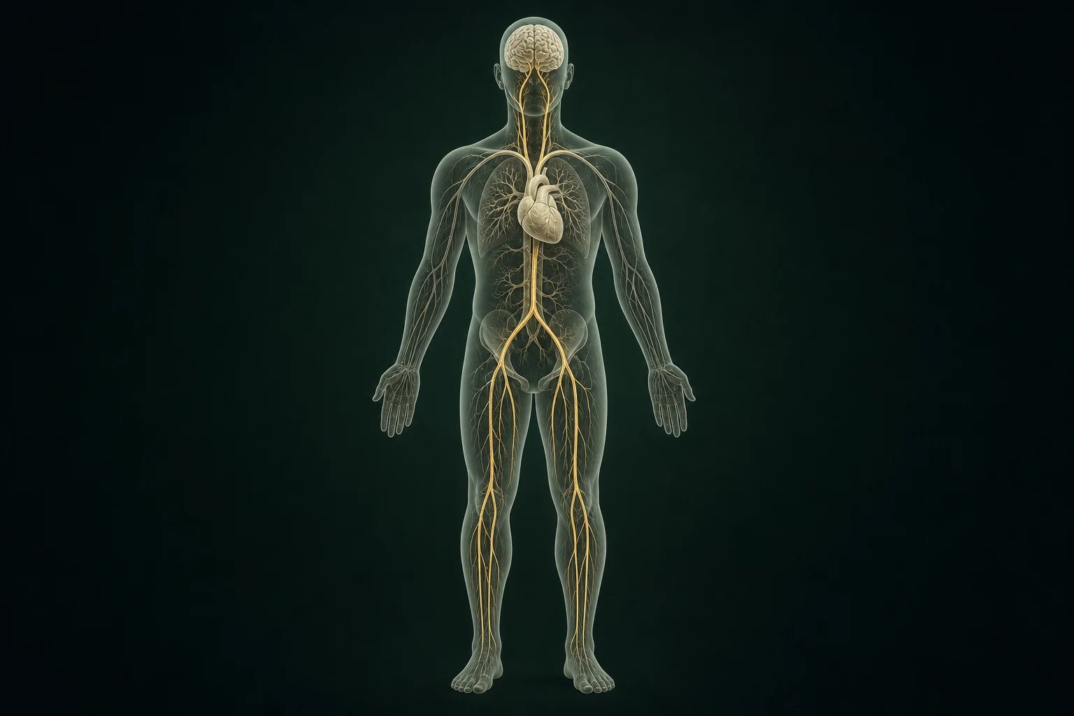 미주신경성 실신 물질의 흐름을 익명 반투명 인체와 절제된 금빛 경로로 보여 주는 이미지