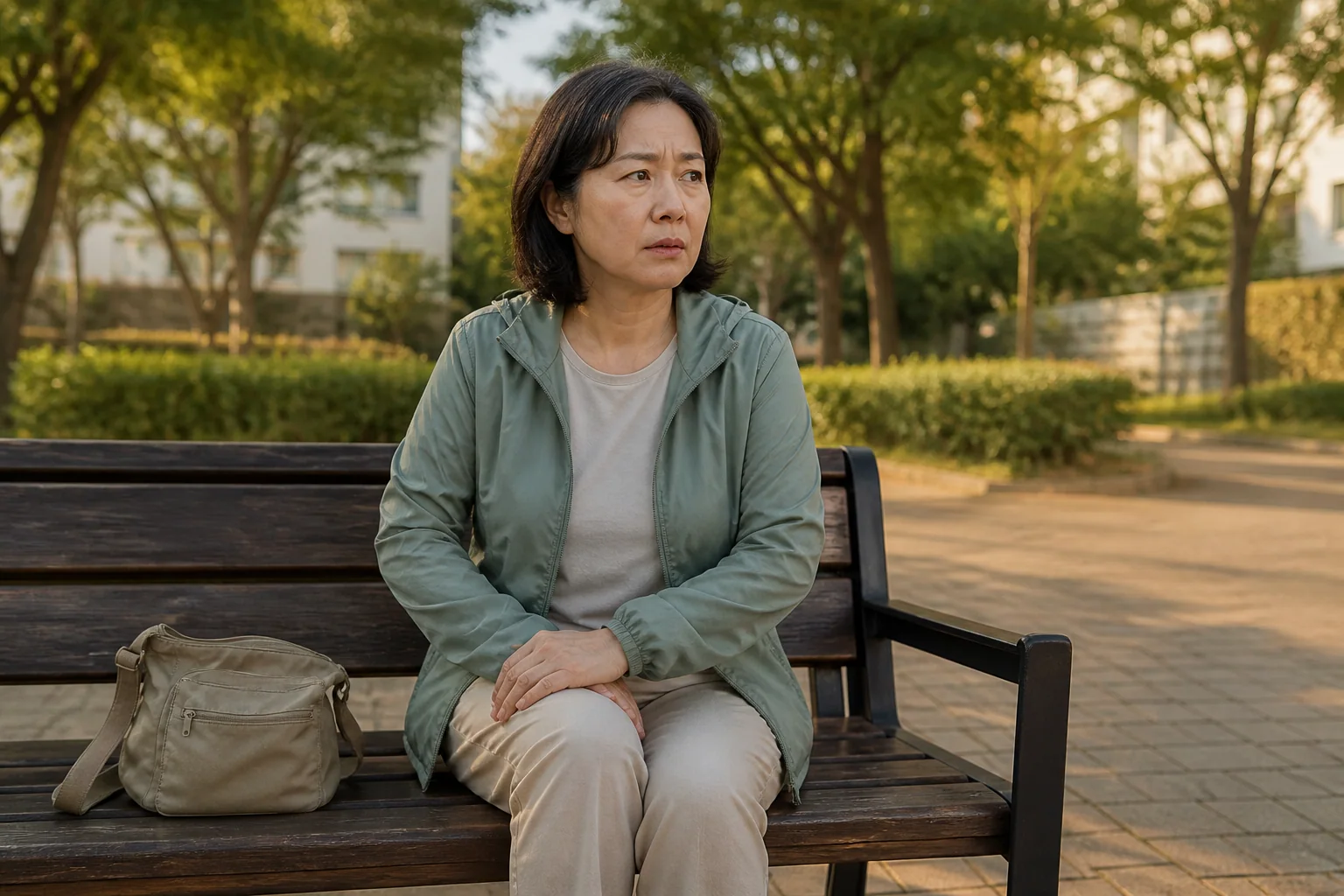 질건조증으로 걷는 동안 마찰과 화끈거림이 불편한 한국인 여성 한 명이 동네 산책을 멈추고 벤치에서 쉬는 생활 장면