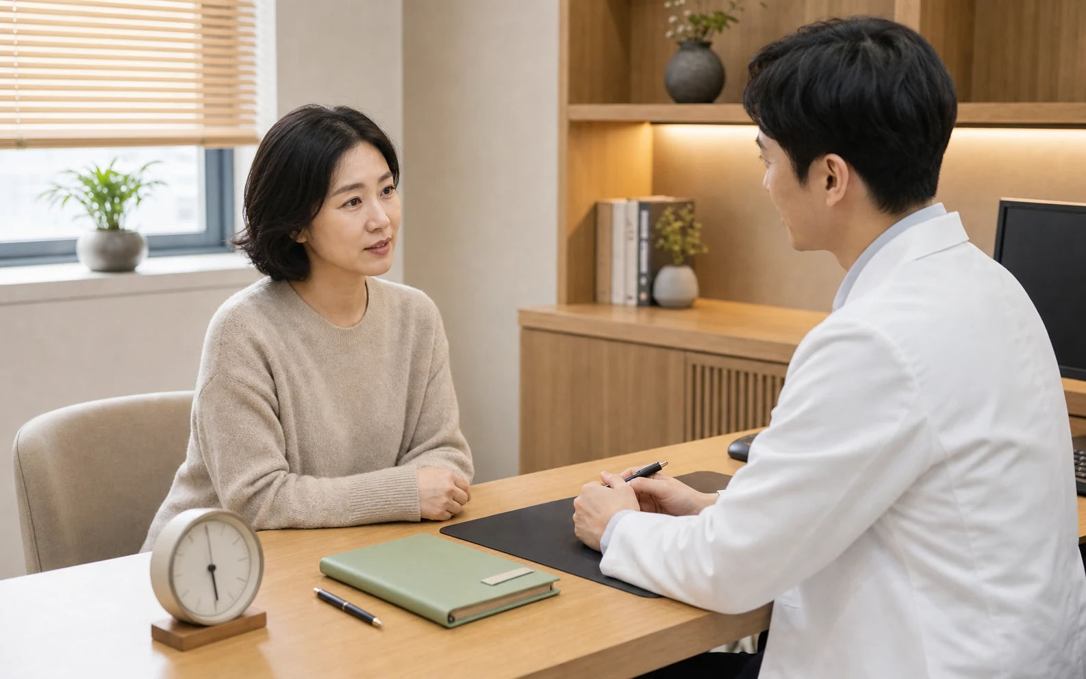 질건조와 따가움·관계통을 여성 의료진에게 상담하는 여성의 밝은 진료실 사진