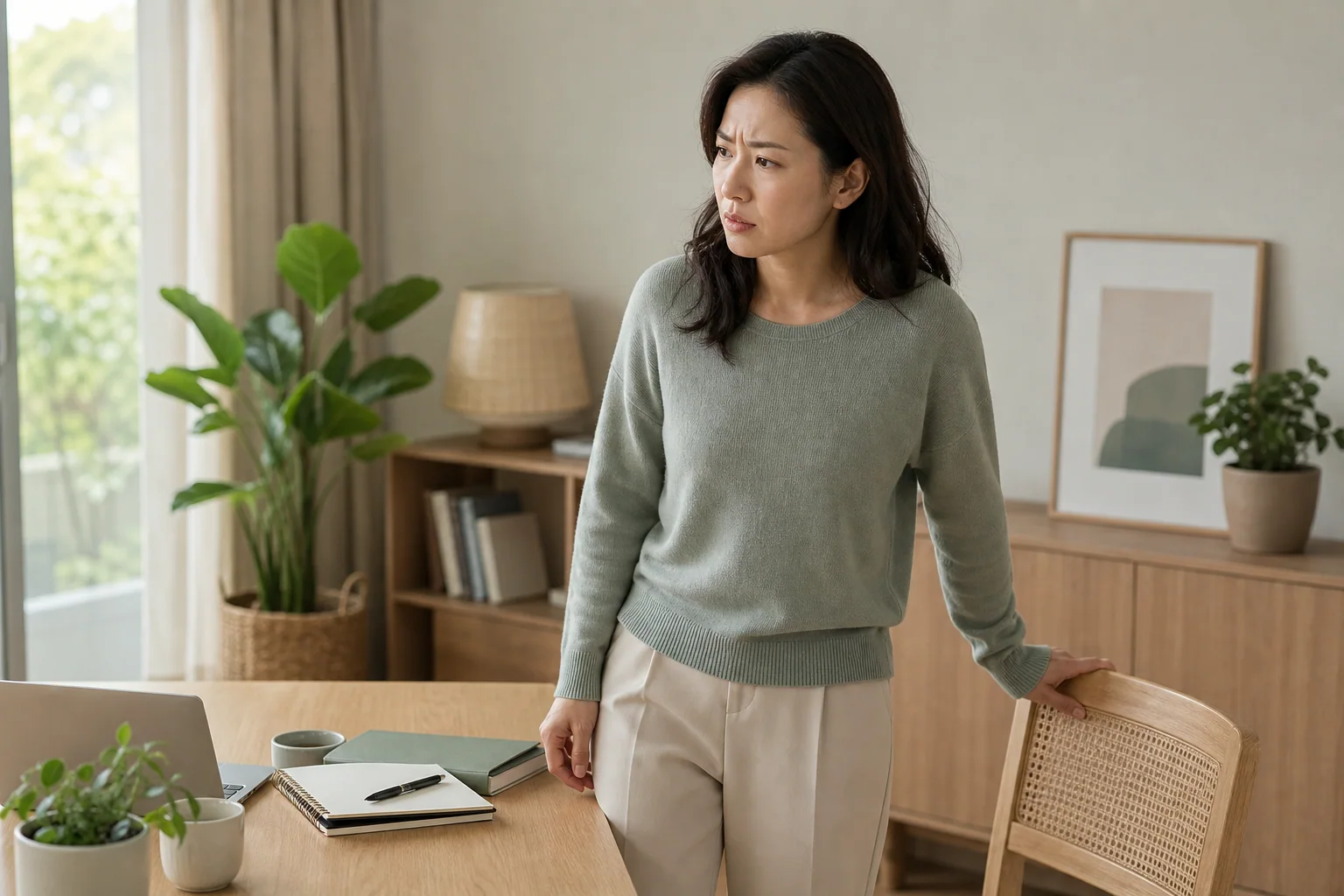 질염으로 가려움과 화끈거림이 있어 오래 앉기 어려운 한국인 여성 한 명이 집 업무 책상에서 일어나 일을 멈춘 생활 장면
