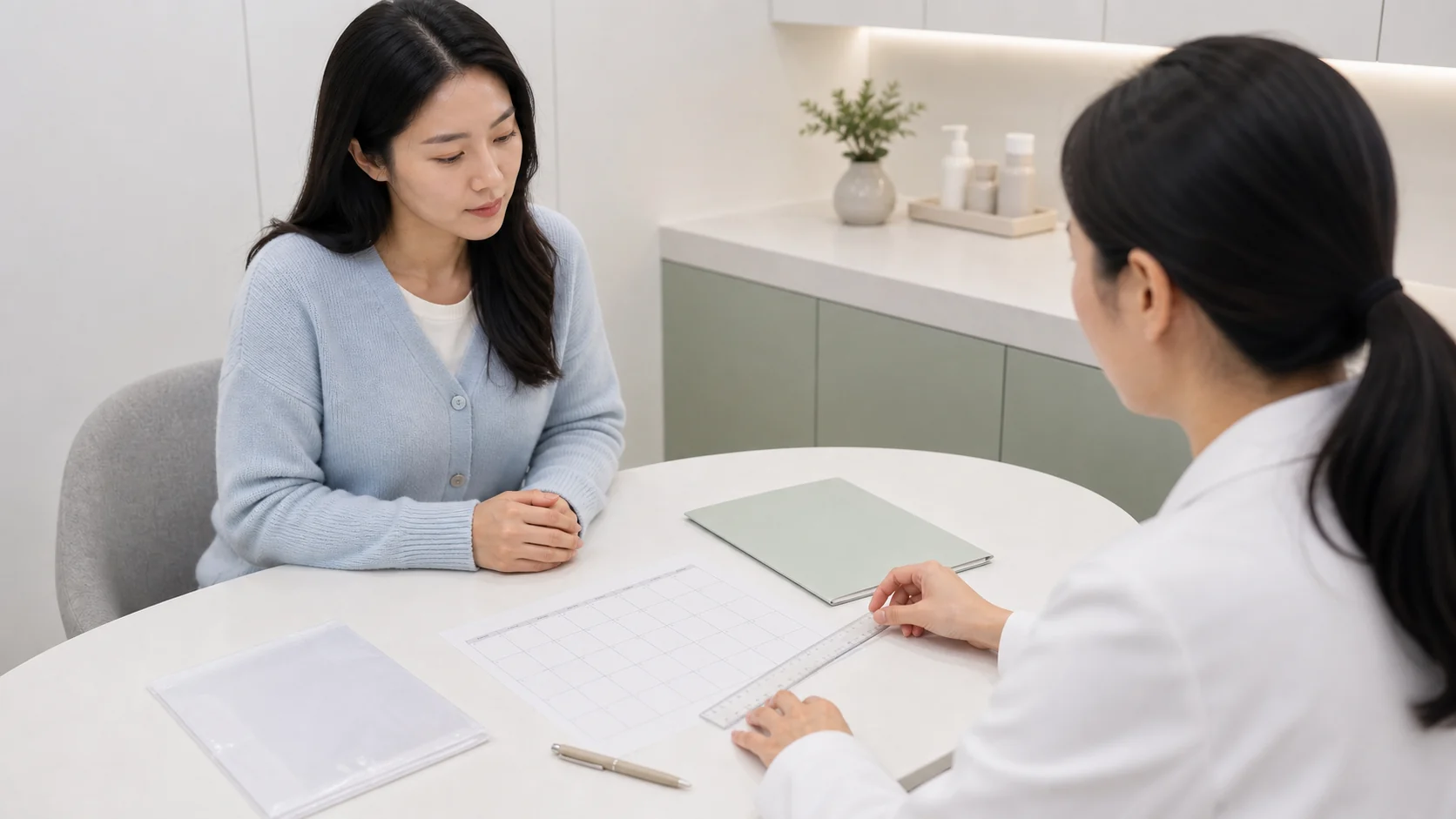 질염 환자가 냉 변화와 가려움, 검사 기록을 초진 상담에서 조심스럽게 설명하는 장면