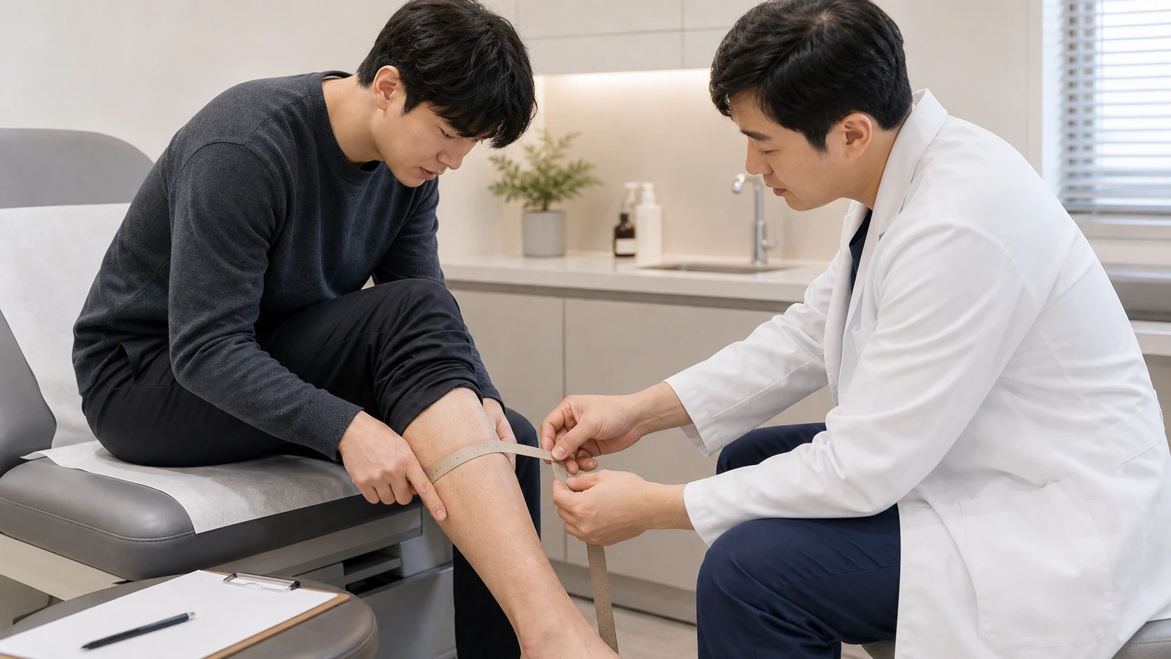 한국인 하지정맥류성 통증 환자가 국내 한의원 진료실에서 종아리 묵직함과 통증을 상담하는 장면