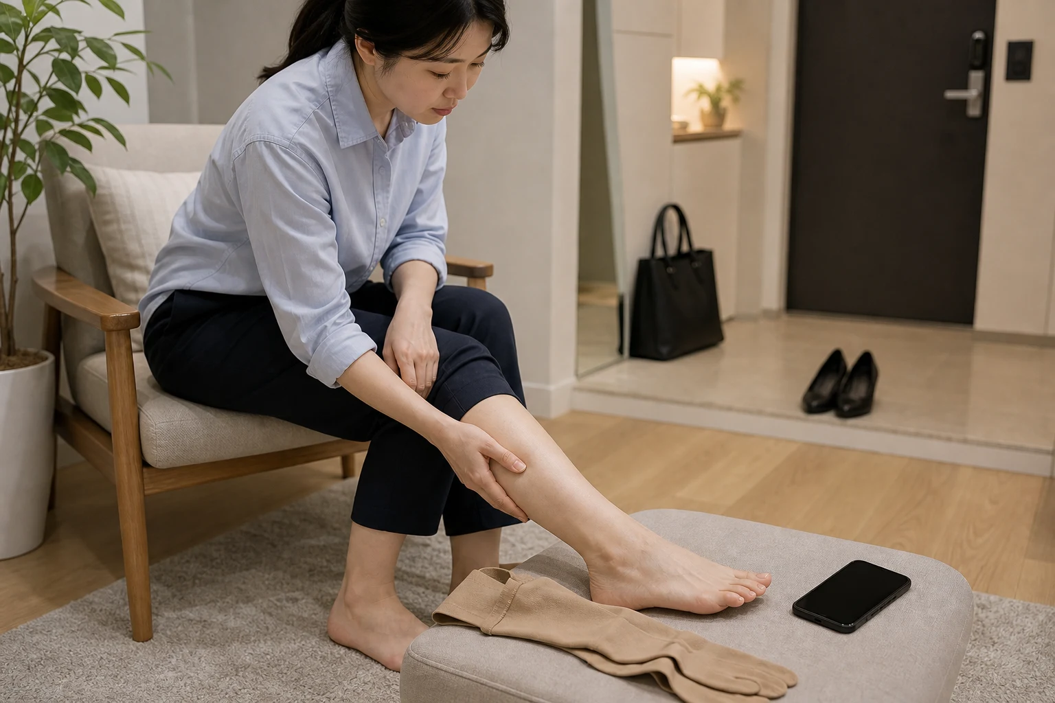 한국인 환자가 저녁 종아리 통증과 부종 시간을 생활 기록으로 정리하는 장면