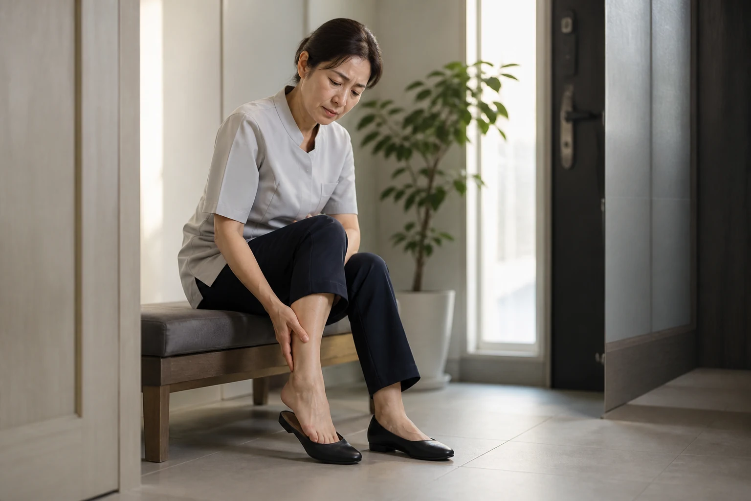현관 벤치에 앉아 구두를 벗다 한쪽 종아리 아래를 감싼 성인