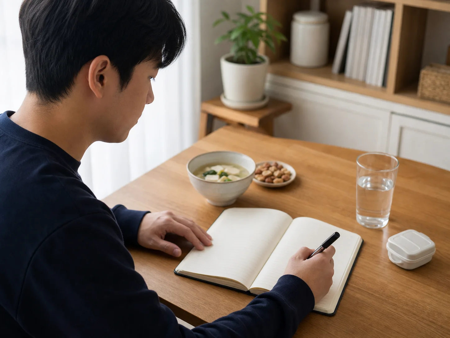 한국인 환자가 어지럼 시간과 식사, 수면, 화면 반응을 생활 기록으로 정리하는 장면