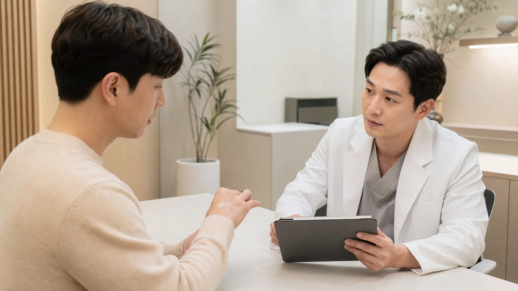 백반증 환자가 국내 한의원 진료실에서 손등의 색 변화와 번짐 걱정을 상담하는 장면