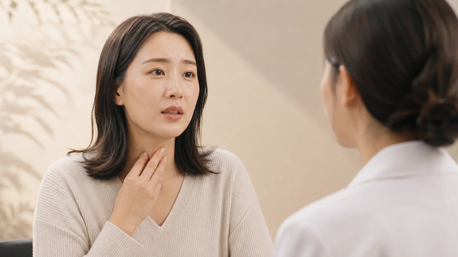 성대결절 환자가 쉰 목소리와 목소리 피로를 초진 상담에서 설명하는 장면