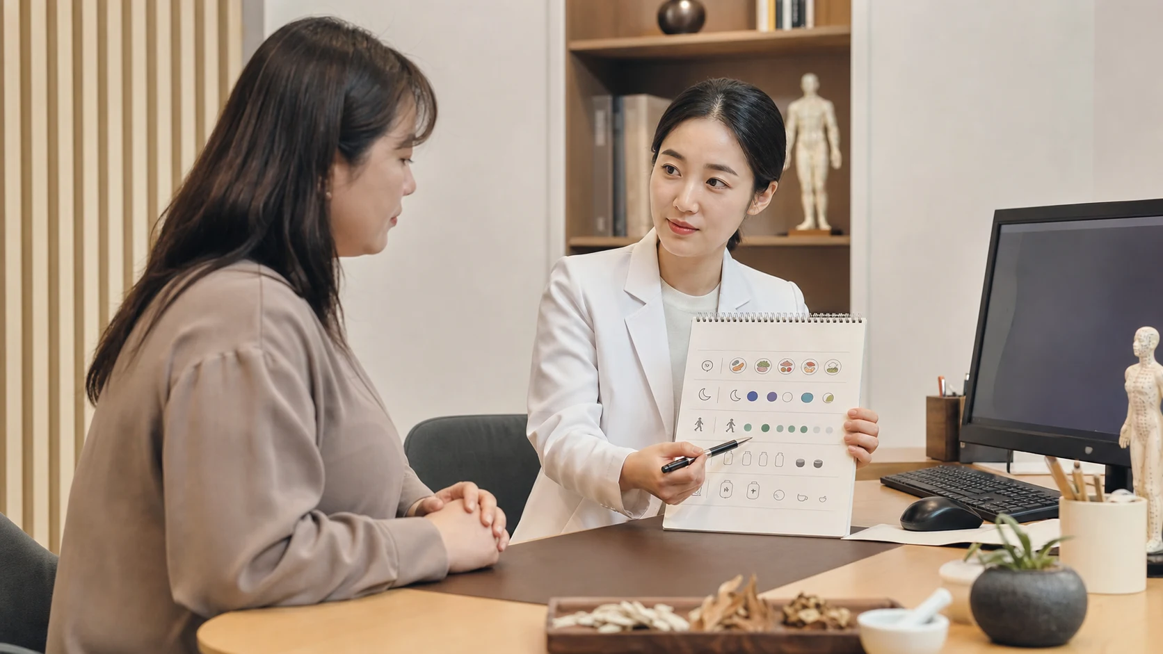 다이어트 상담에서 식사 리듬과 수면, 활동 기록을 함께 확인하는 장면